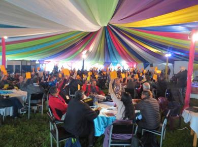 <p>General Council delegates raise orange cards to show consensus. Photo: Len Rempel.</p>